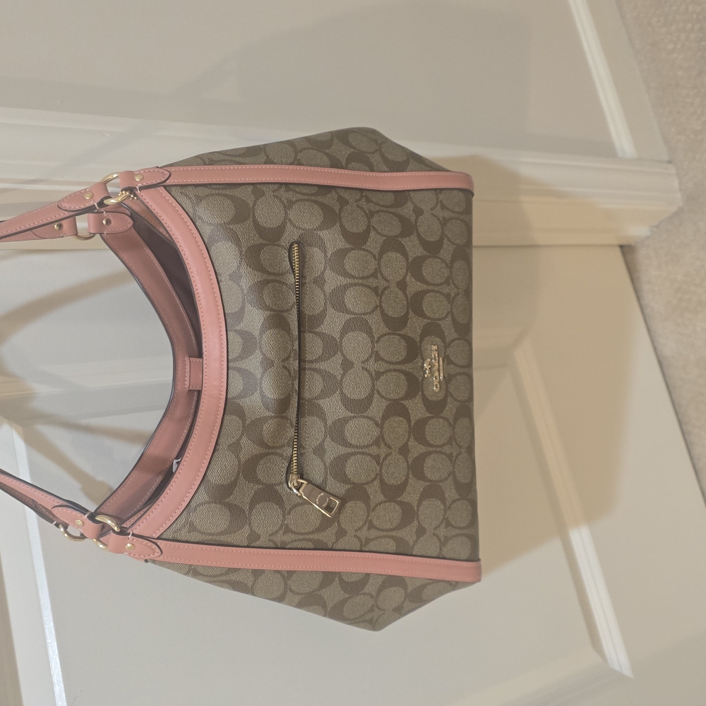 Cream Shoulder Bag with Monogram Pattern and Pink Accents